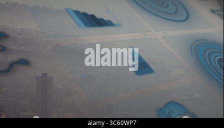 Displaying data panels hovering over city skyline featuring bar charts and circular infographics Stock Photo