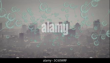 Displaying digital network overlay floating over metropolitan skyline, with teal human icon nodes Stock Photo