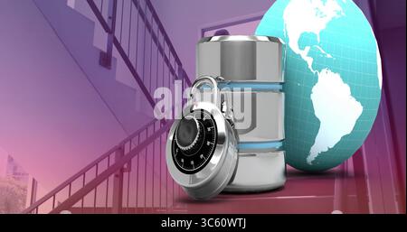Leaning metallic combination padlock resting on data cylinder in stairwell, with wireframe globe Stock Photo