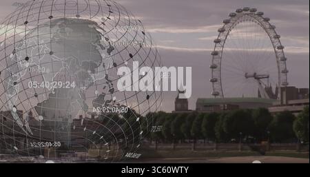 Floating translucent 3D globe projecting data nodes over Thames riverbank, with London Eye, Big Ben Stock Photo