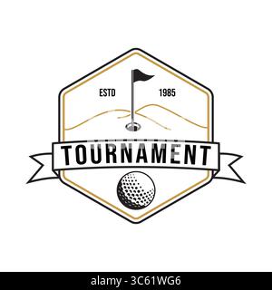 Vintage Golf Tournament Logo Retro Flag and Ball Emblem in Hexagonal Shield with Ribbon Banner Stock Vector