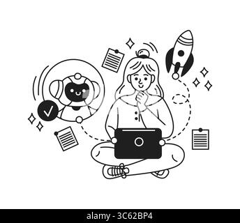 Illustration of a thoughtful woman using a laptop. Surrounded by AI symbols and documents, suggesting innovation and technology in a futuristic style. Stock Vector