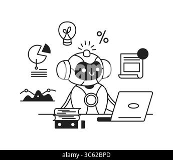 Illustration of a smiling artificial intelligence engaging with data on a laptop. Monochrome style with icons like charts and lightbulbs. Represents t Stock Vector