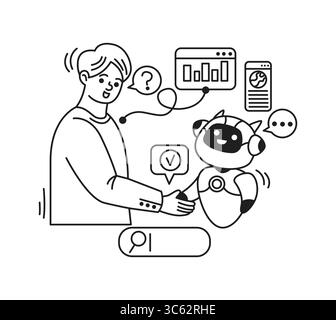 Illustration of a human shaking hands with a artificial intelligence in black and white. Represents technology and communication. Clean and minimalist Stock Vector
