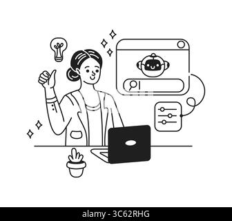 Black and white illustration showing a woman interacting with an AI chatbot. Her expression is positive, symbolizing successful technology use. Simple Stock Vector