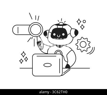 Adorable artificial intelligence character holding a magnifying glass symbolizing search and discovery. Set against a simple white background with tec Stock Vector