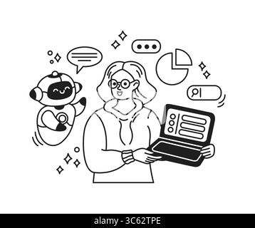 Line art illustration of a woman engaging with a friendly artificial intelligence. She holds a laptop displaying data. Symbols around them suggest com Stock Vector