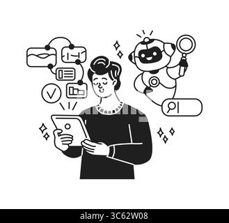 Cartoon illustration of a person using a tablet with a friendly artificial intelligence assisting. Features digital elements like charts and checkmark Stock Vector
