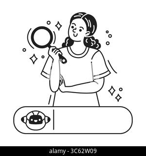 Black and white illustration of a woman holding a magnifying glass with a thoughtful expression in a cartoon style. Symbols of search and discovery en Stock Vector