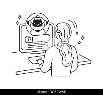 Line art of a person interacting with a chatbot on a computer. Black and white illustration displaying technology interaction in a minimalist office s Stock Vector