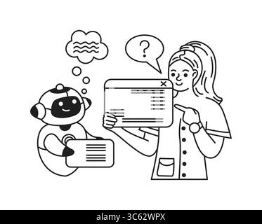 Illustration of woman and artificial intelligence communicating in line art style. Black and white depiction showcasing teamwork and interaction. Usef Stock Vector