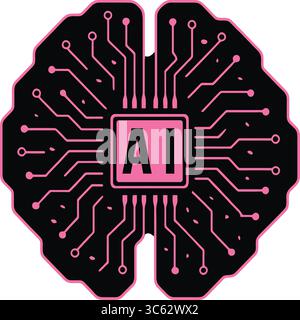 Modern AI Brain Illustration – Futuristic Neural System Design Featuring Central AI Chip and Digital Circuit Web in Black and Pink Colors Stock Vector