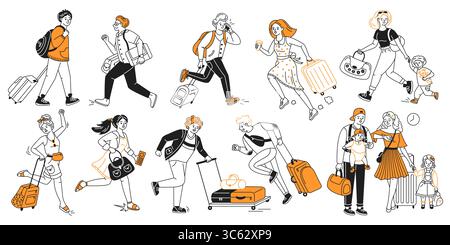Stylized illustration of diverse travelers with luggage. Various characters in casual clothes walking and running. Monochrome with orange accents. Tra Stock Vector