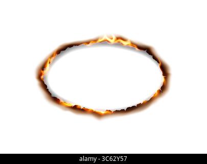 Burning oval shape with fiery edges on a white background. The illustration exhibits bright flames encircling a central blank space, creating a dynami Stock Vector