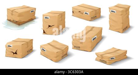 Collection of cardboard boxes in different damaged states. Wrinkled and torn with labels visible. Presents concept of shipment issues on white backgro Stock Vector