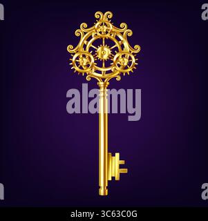 Digital artwork of a golden key with intricate steampunk gears. Set against a deep purple background. Represents creativity and innovation in design. Stock Vector