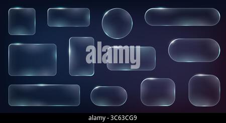 Set of frames and design UI UX elements in the style of liquid glass. Collection of translucent geometric shapes with glassy effect on a dark backgrou Stock Vector