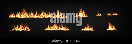 Set of realistic flames in vivid colors on dark backdrop. Perfect for digital design and special effects. Includes various shapes and sizes for creati Stock Vector