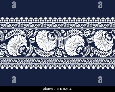 White zig zag floral lace border pattern stripe on denim blue background for decorations, fabric prints, table runner, and other prints Stock Vector