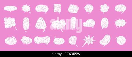 Balloon speech crayons. Vector Speech Bubble Collection with Crayon Texture. White Retro chatting or message boxes on pink background Stock Vector