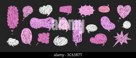 Balloon speech crayons. Vector Speech Bubble Collection with Crayon Texture. Pink Retro chatting or message boxes on black background Stock Vector