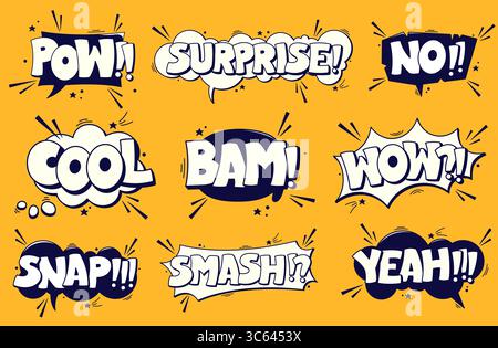 Set of black and white speech bubbles on a yellow background. Stock Vector