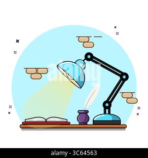 Study Desk Illustration Lamp, Book, and Inkwell Vector Illustration Flat Design, Back to School Stock Vector