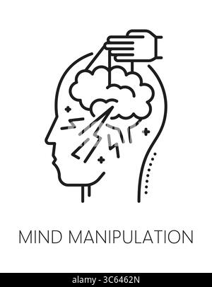Mind manipulation mental health, psychology line icon or sign. Cognitive disorder problem linear vector symbol, psychology manipulation sign. Mental health pictogram with hand pulling ropes in brain Stock Vector