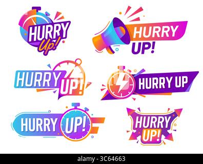Hurry up icons set, vector labels with stopwatch, megaphone and dynamic shapes in bold gradient colors, convey urgency, speed and energetic action in promotional, sale or marketing last minute offers Stock Vector