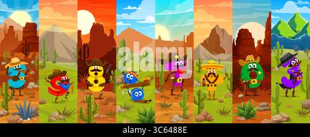 Cartoon cowboy, bandit and sheriff math number characters. Mathematics Wild West cowboy digits, Native American algebra symbols and Western bandits with guns numbers cute character in desert landscape Stock Vector