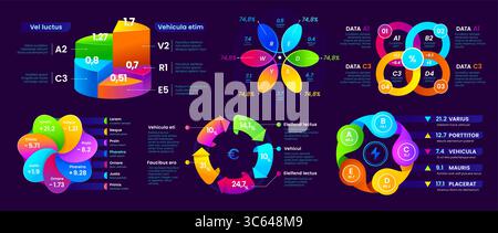 Presentation infographics template graph diagram, chart elements and data visualizations, like pie charts, flower style graphs, percent indicators, bars, cyclic arrows. Modern business vector layout Stock Vector