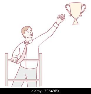 A man is reaching for a trophy placed high on a ladder, which beautifully symbolizes both ambition and success in life Stock Vector