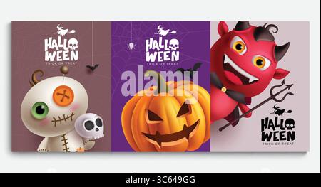 Halloween characters vector poster set design. Happy halloween greeting card collection with scarecrow, devil, monster, mummy and pumpkin characters Stock Vector