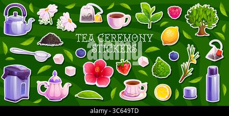Herbal, fruit and berry cartoon tea stickers pack. Kettle and teapot, hot water dispenser and vacuum flask. Lemon, bergamot, raspberry, blueberry and hibiscus flower, green tea leaves vector stickers Stock Vector