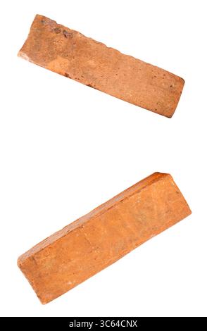 Side view of two cracked old red or orange bricks in set is isolated on white background with clipping path. Stock Photo
