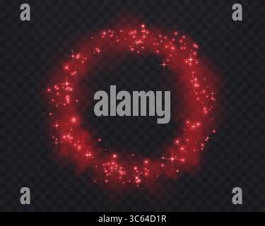 Realistic red smoke circle or haze with pink glittering dots, particles, stars magic sparks on a transparent background. Magic fog, vapor. Vector Stock Vector