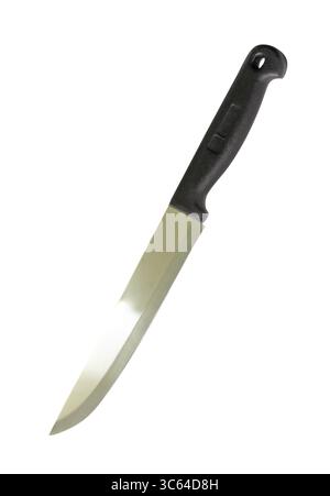 Single silver kitchen knife with black handle is isolated on white background with clipping path. Stock Photo