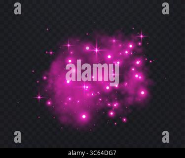 Pink glittering dots, particles, stars magic sparks. Dust cloud flare light effect. Red luminous points with smoke. Vector particles on transparent Stock Vector