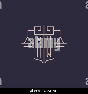 Initial letter MW logo with scale of justice luxury geometric design style vector graphic Stock Vector