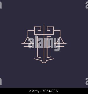 Initial letter LE logo with scale of justice luxury geometric design style vector graphic Stock Vector