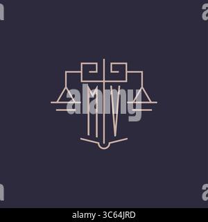 Initial letter MV logo with scale of justice luxury geometric design style vector graphic Stock Vector