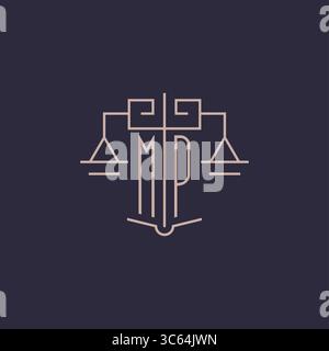Initial letter MP logo with scale of justice luxury geometric design style vector graphic Stock Vector