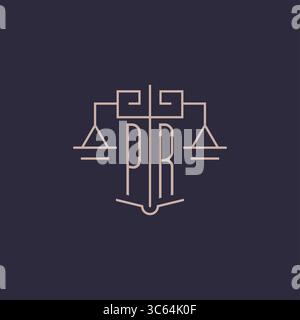Initial letter PR logo with scale of justice luxury geometric design style vector graphic Stock Vector
