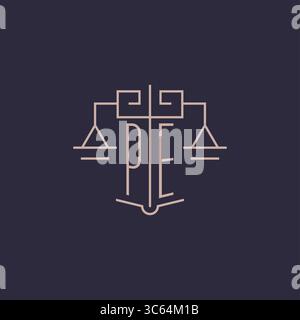 Initial letter PE logo with scale of justice luxury geometric design style vector graphic Stock Vector