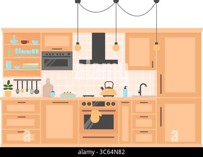 Kitchen furniture with utensils and built-in appliances. Hot pie and tea pot. Cute cartoon interior in simple flat style. Stock Vector