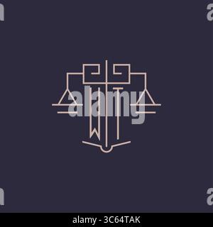 Initial letter WT logo with scale of justice luxury geometric design style vector graphic Stock Vector