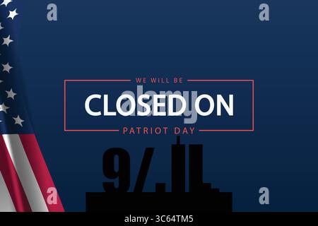 Closed on Patriot Day 911 Banner with Twin Towers and Flag Stock Vector