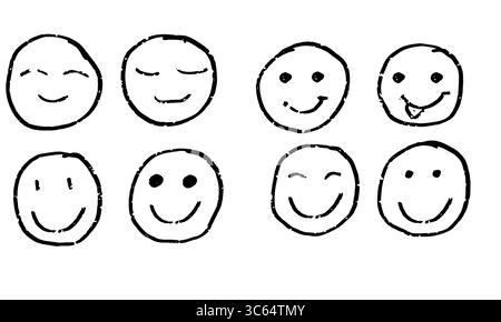 Drawing of smiling faces, a set of icons. Vector illustration. A hand-drawn sketch of a smiling face is isolated on a white background. The concept of Stock Vector
