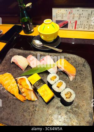 Assorted Nigiri Sushi Platter with Chawanmushi in Osaka Sushi Bar, Japan Stock Photo