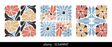 Groovy floral patterns with Matisse cutout shapes and boho daisy blooms. Retro botanical elements for modern textile or wallpaper design. Abstract flowers with organic forms and vintage style. Stock Vector